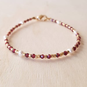 Dainty Red Garnet Gemstone Bracelet, January Birthstone Capricorn Aquarius, Mini Gemstone & Pearl Jewelry for Women, January Birthday Gift image 8