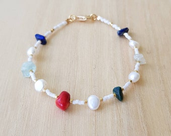 Freshwater Pearl Gemstone Bracelet, Natural Stone Bracelet, Lapis Lazuli Aquamarine Coral Malachite, Crystal Jewelry Gift For Her