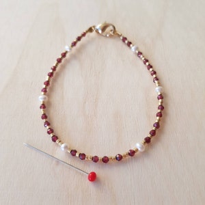 Dainty Red Garnet Gemstone Bracelet, January Birthstone Capricorn Aquarius, Mini Gemstone & Pearl Jewelry for Women, January Birthday Gift image 4