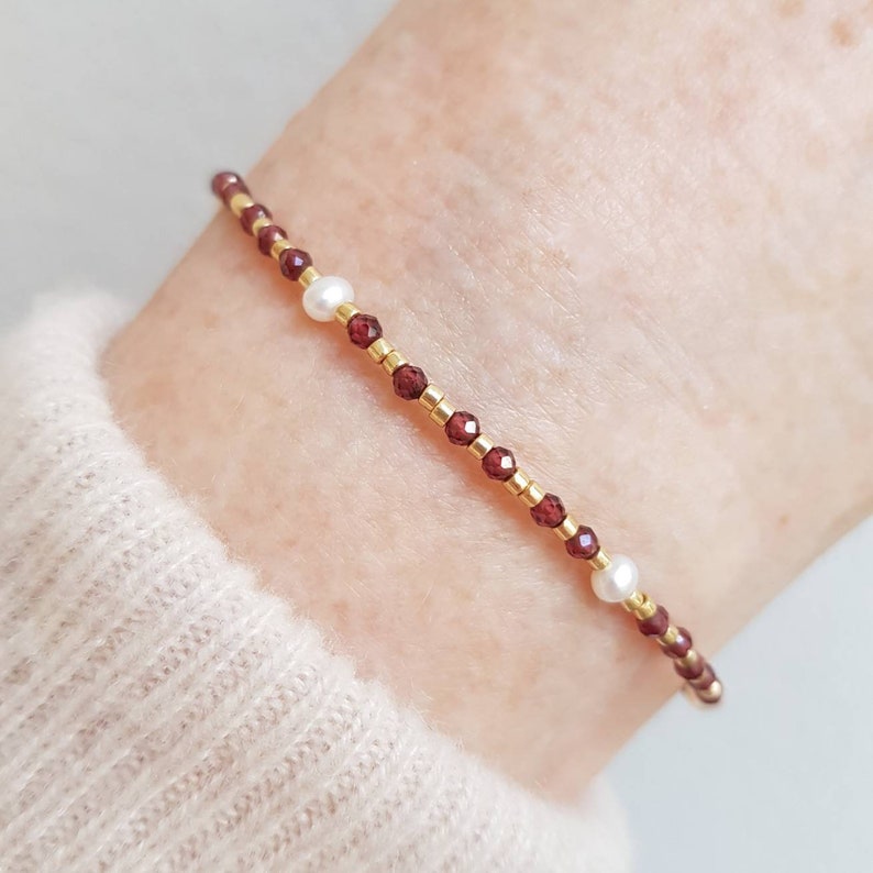 Dainty Red Garnet Gemstone Bracelet, January Birthstone Capricorn Aquarius, Mini Gemstone & Pearl Jewelry for Women, January Birthday Gift image 3