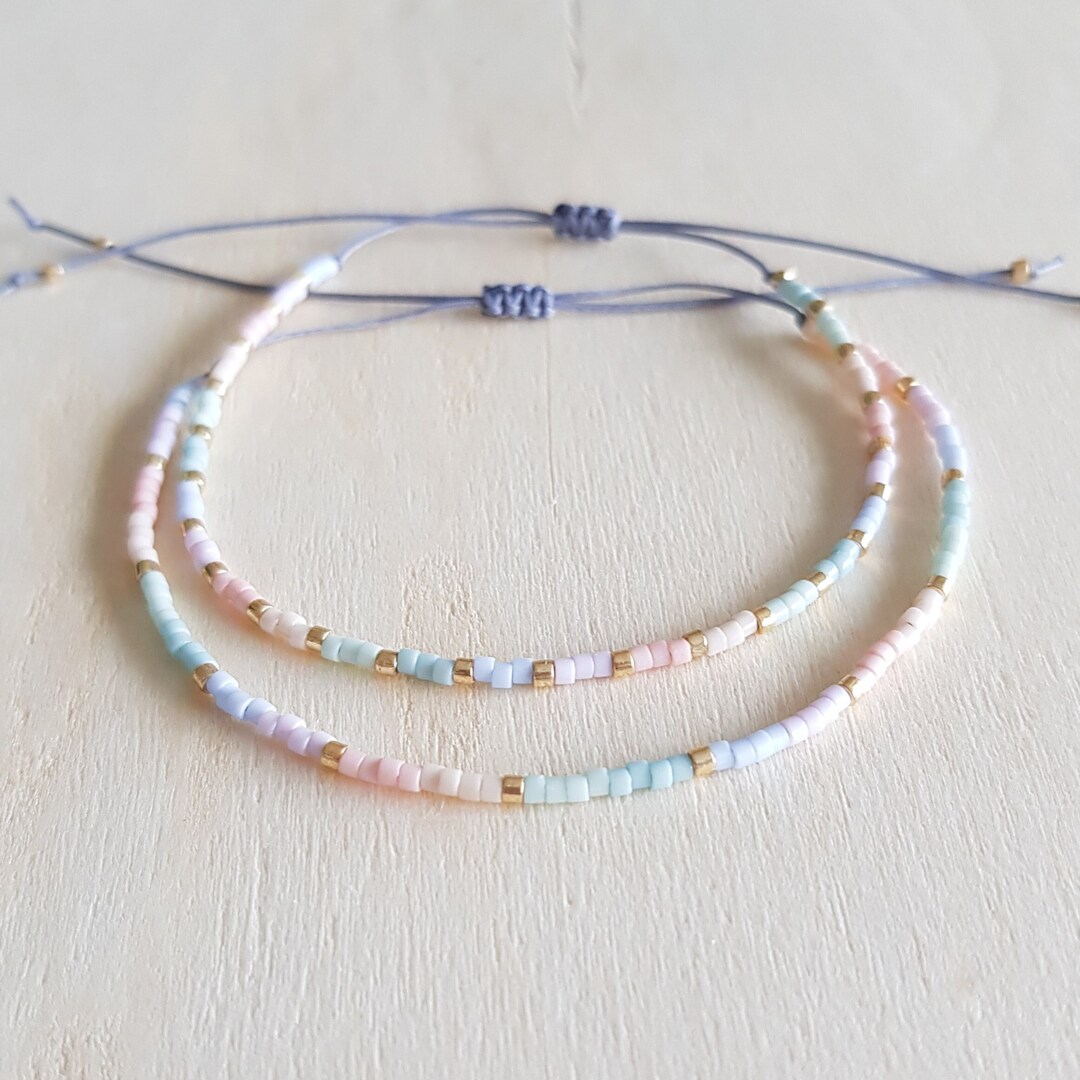 Dainty Pastel Ombre Tiny Bead Bracelet, Gold Seed Bead Bracelet, Thin ...