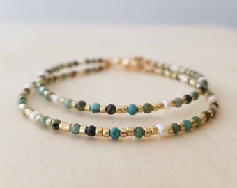 Dainty Green African Turquoise Gemstone Crystal & Pearl Bracelet, 18k Gold-Filled Clasp, Tiny Beaded Crystal Jewelry Gift for Her