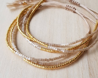 Dainty Gold Beige Beaded Bracelet, Minimalist Tiny Bead Bracelet, Gold Jewelry, Beige Bracelet, Seed Bead Wrap Bracelet, Gift For Mom