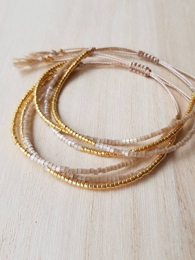 Dainty Gold Beige Beaded Bracelet, Minimalist Tiny Bead Bracelet, Gold Jewelry, Beige Bracelet, Seed Bead Wrap Bracelet, Gift For Mom image 1