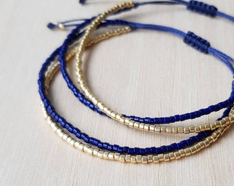 Cobalt Blue and Gold Minimalist Bracelet, Dark Blue Tiny Bead Bracelet, Minimalist Everyday Jewelry,  Dainty Friendship Bracelet