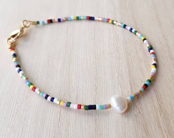 Dainty Colorful Tiny Seed Bead & Freshwater Pearl Stacking Bracelet, 18k Gold-Filled Clasp, Mothers Day Gift for Her