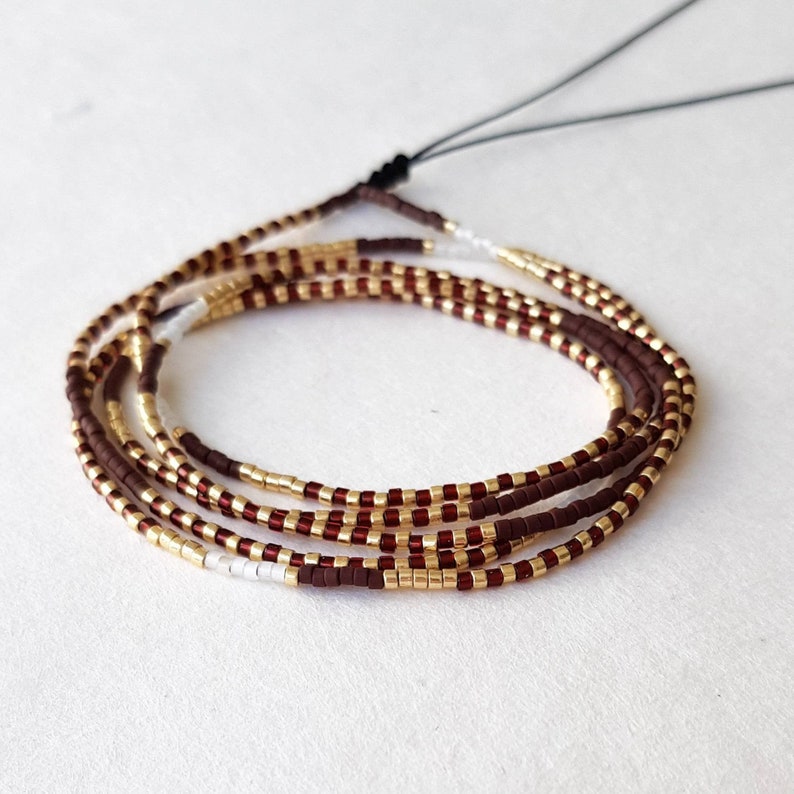 Dainty Cranberry Red Gold Tiny Seed Bead Multi Wrap Bracelet or Long Necklace Colorful Multicolor String Bracelet Gift for Her