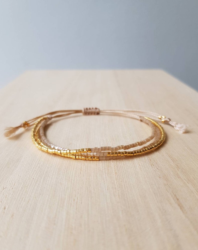 Dainty Gold Beige Beaded Bracelet, Minimalist Tiny Bead Bracelet, Gold Jewelry, Beige Bracelet, Seed Bead Wrap Bracelet, Gift For Mom image 5