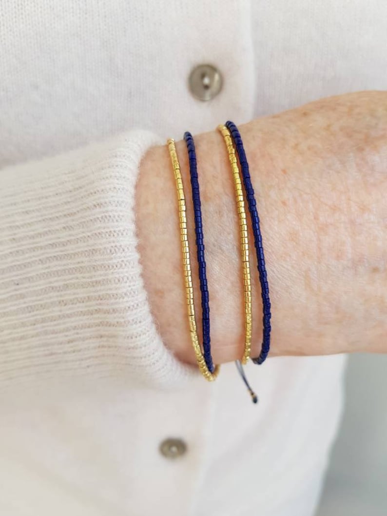 Cobalt Blue and Gold Minimalist Bracelet, Dark Blue Tiny Bead Bracelet, Minimalist Everyday Jewelry, Dainty Friendship Bracelet image 7