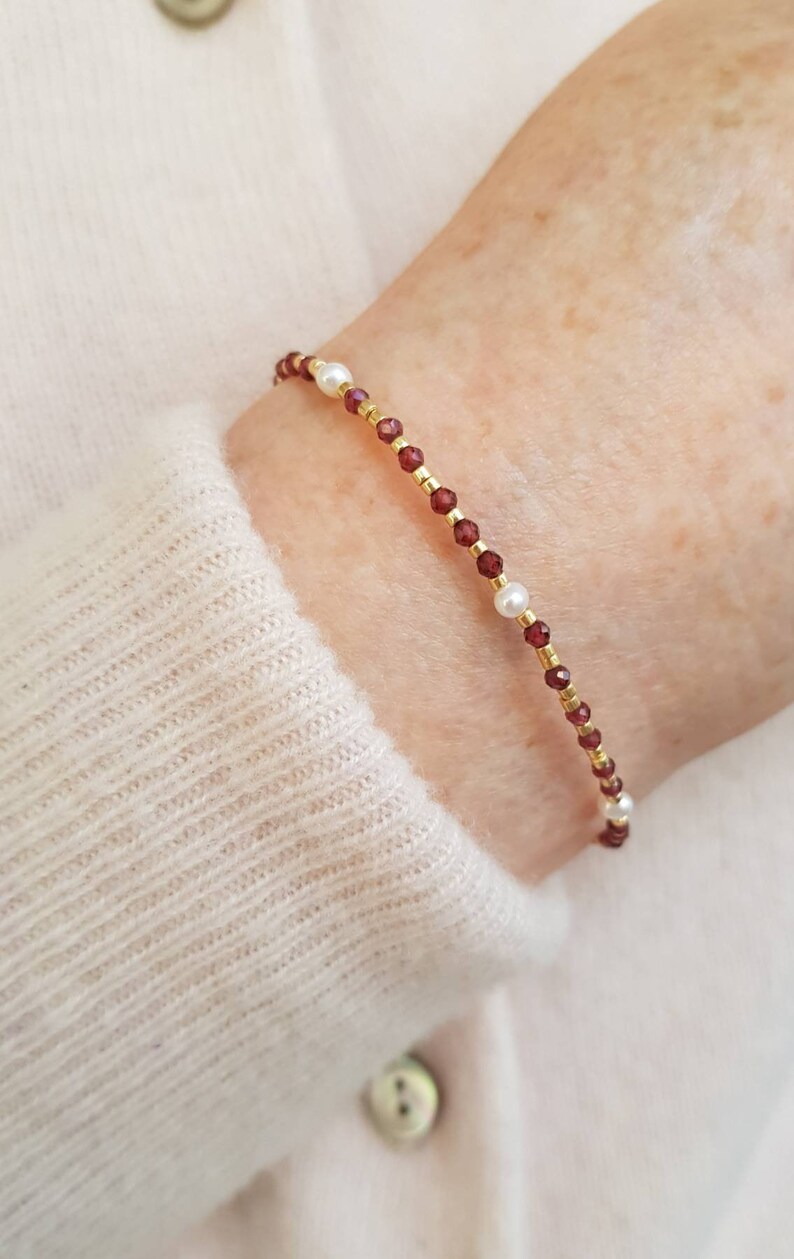 Dainty Red Garnet Gemstone Bracelet, January Birthstone Capricorn Aquarius, Mini Gemstone & Pearl Jewelry for Women, January Birthday Gift image 7