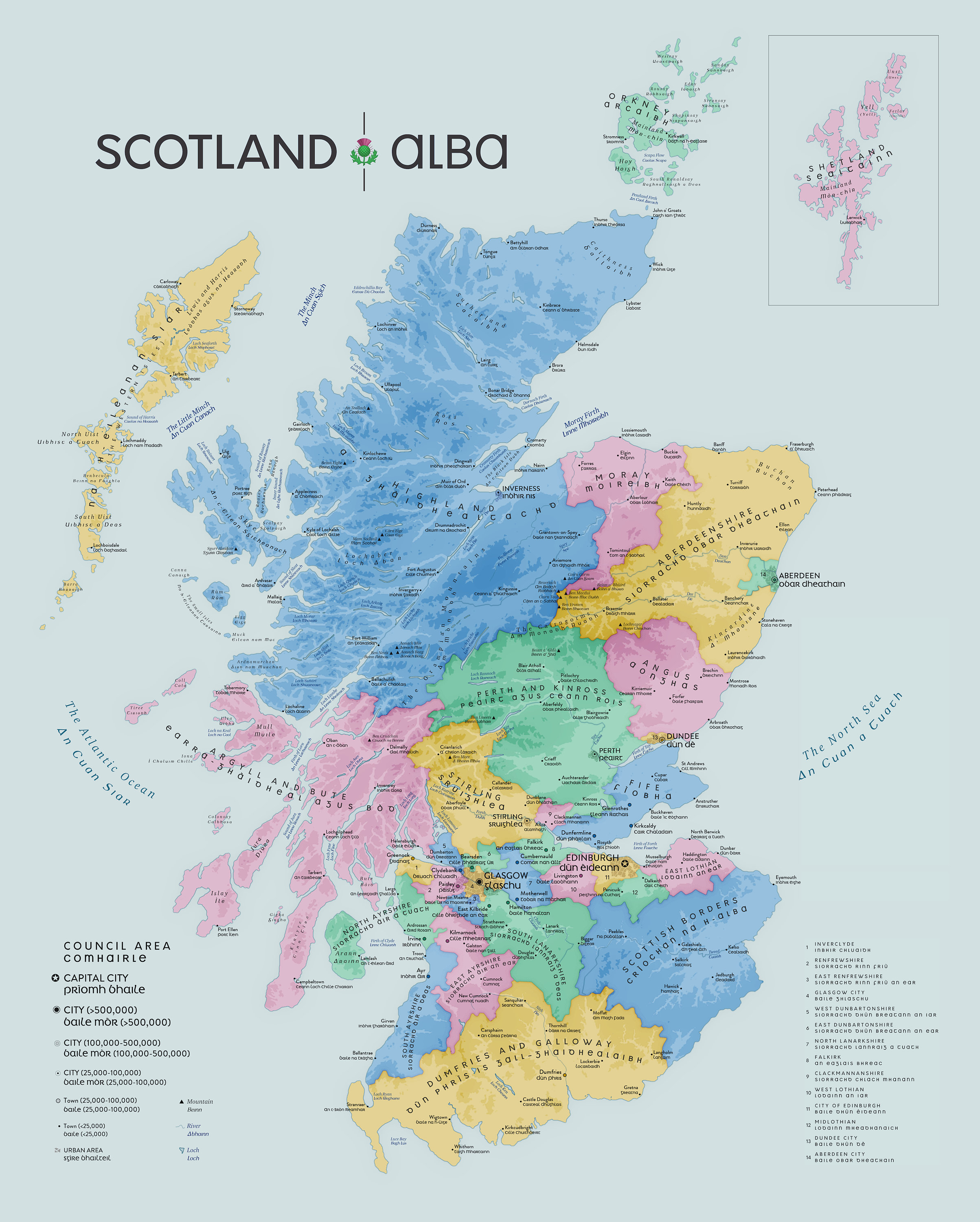 Council Areas Scotland Map Gorgeous Map Of Scotland In English And Scottish Gaelic | Etsy