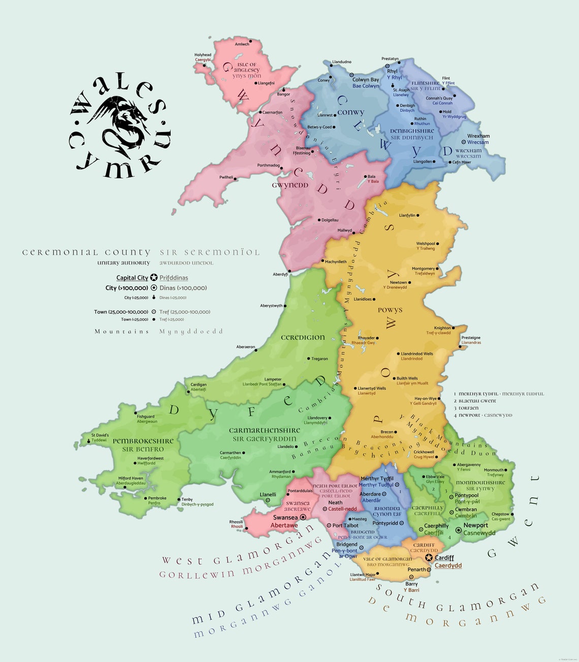 Bella Mappa Del Galles In Inglese E Gallese Cymraeg Etsy Italia
