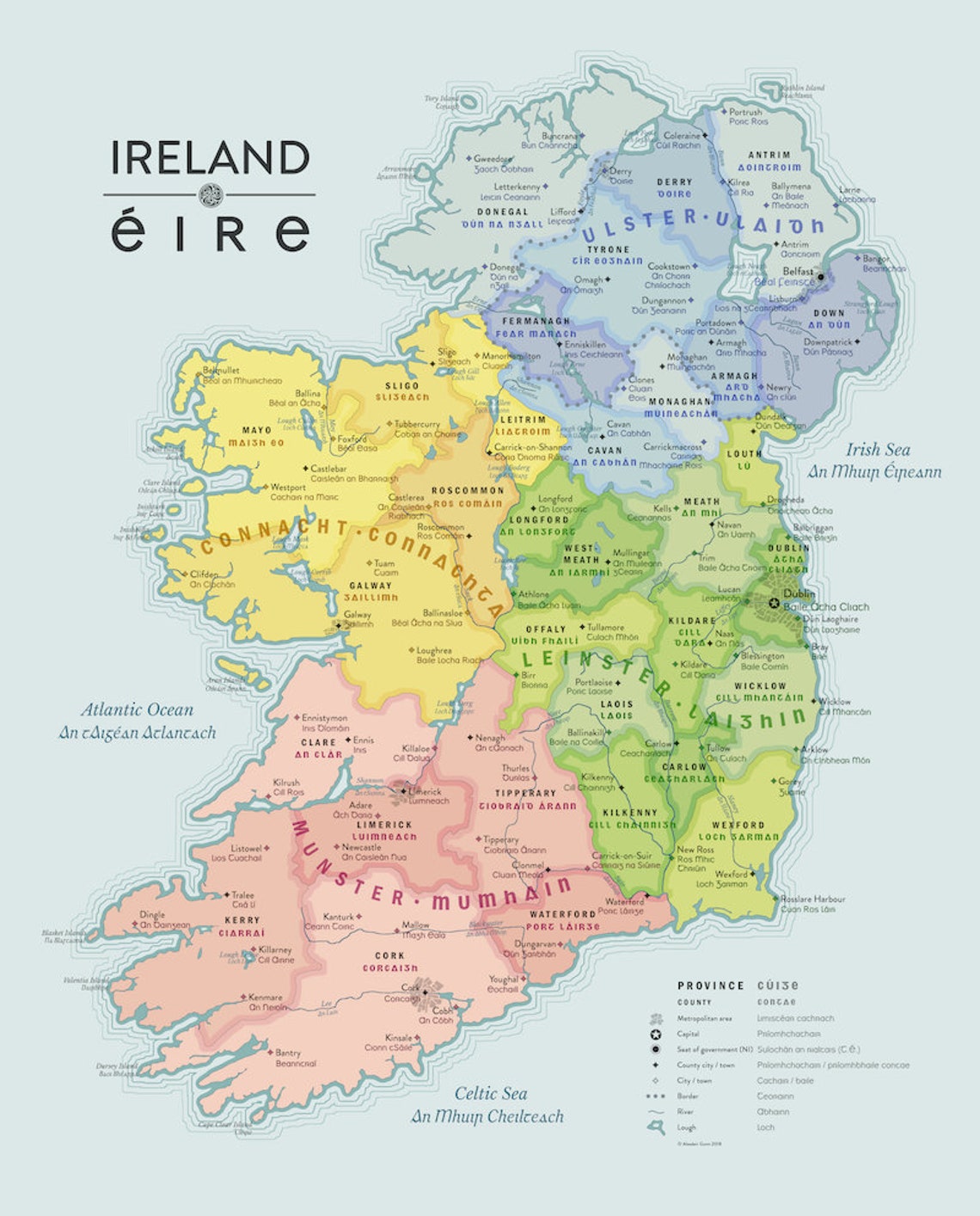 Beautiful Map of Ireland in English and Irish Gaeilge image 1