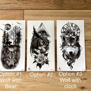 Temporary Tattoos. Tattoo. Wolf Tattoo. Owl Tattoo. Large Temporary Tattoo. Cool Tattoos. Arm Tattoo. Leg Tattoo. Chest Tattoos.