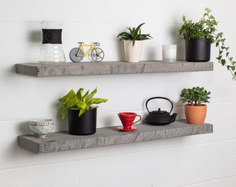 Grey Straight Edge Floating Shelf Handmade Solid Wood 19.5cm Depth x 4cm Thickness.