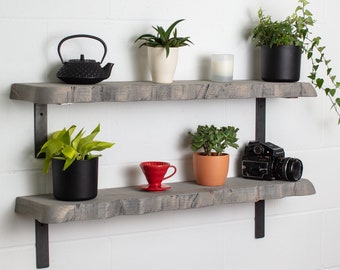 May include: Two wooden shelves with black metal brackets, displaying a black teapot, a red coffee filter, a vintage camera, and four potted plants. The shelves are mounted on a white brick wall.