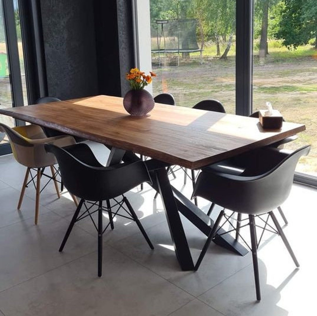 Live Edge Solid Oak Wood Dining Table With Crossover Frame Legs ...
