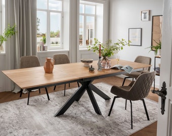 Solid Oak Extendable Kitchen Dining Table with STAR LEGS - Industrial Rustic HARDWOOD Table ST8