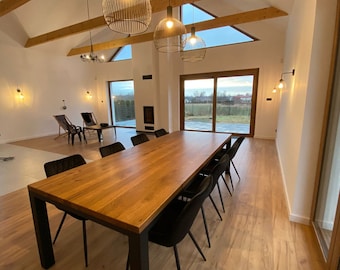 Solid Oak Dining Table with End Pin Frame Legs - HARDWOOD Industrial Rustic Durable Table