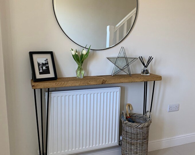 Rustic Console Table With Hairpin Legs, Radiator Shelf, Wooden Rustic