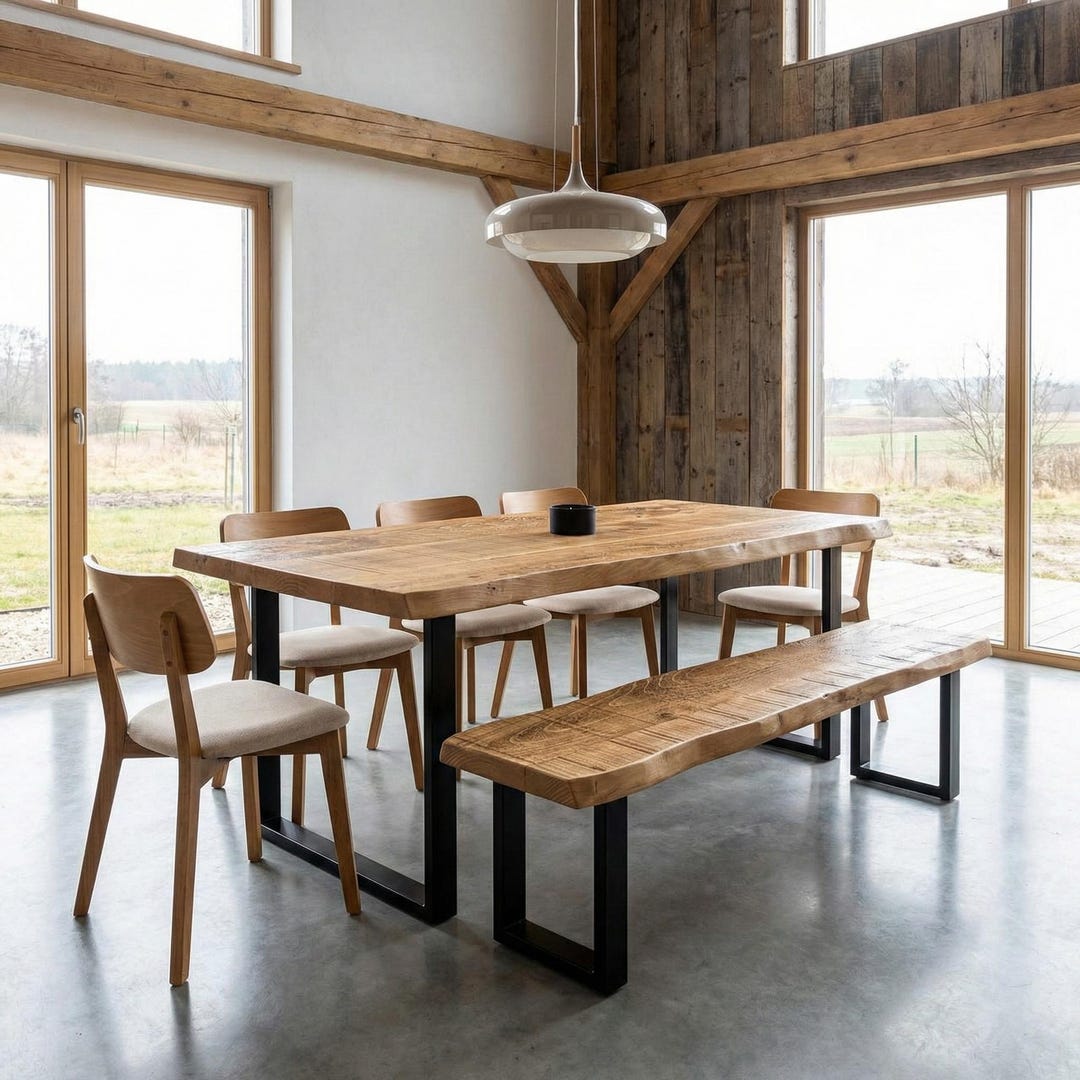 Set Table and Bench Firsby SQ Live Edge Dining Table Rustic Solid Wood ...