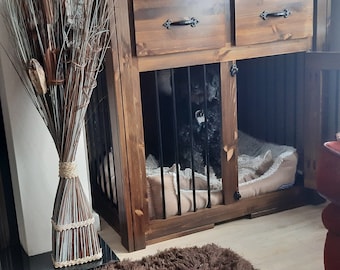 Single With Drawers Dog Kennels  - Indoor Dog Kennels -Rustic Dog Crate-Farmhouse Pet -Handmade -Hand Crafted Indoor Wooden Dog Furniture