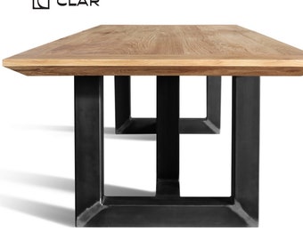 HARDWOOD Solid Oak Chamfered Edge Dining Table Steel Base 114 Black - Industrial Rustic Handmade Kitchen Table