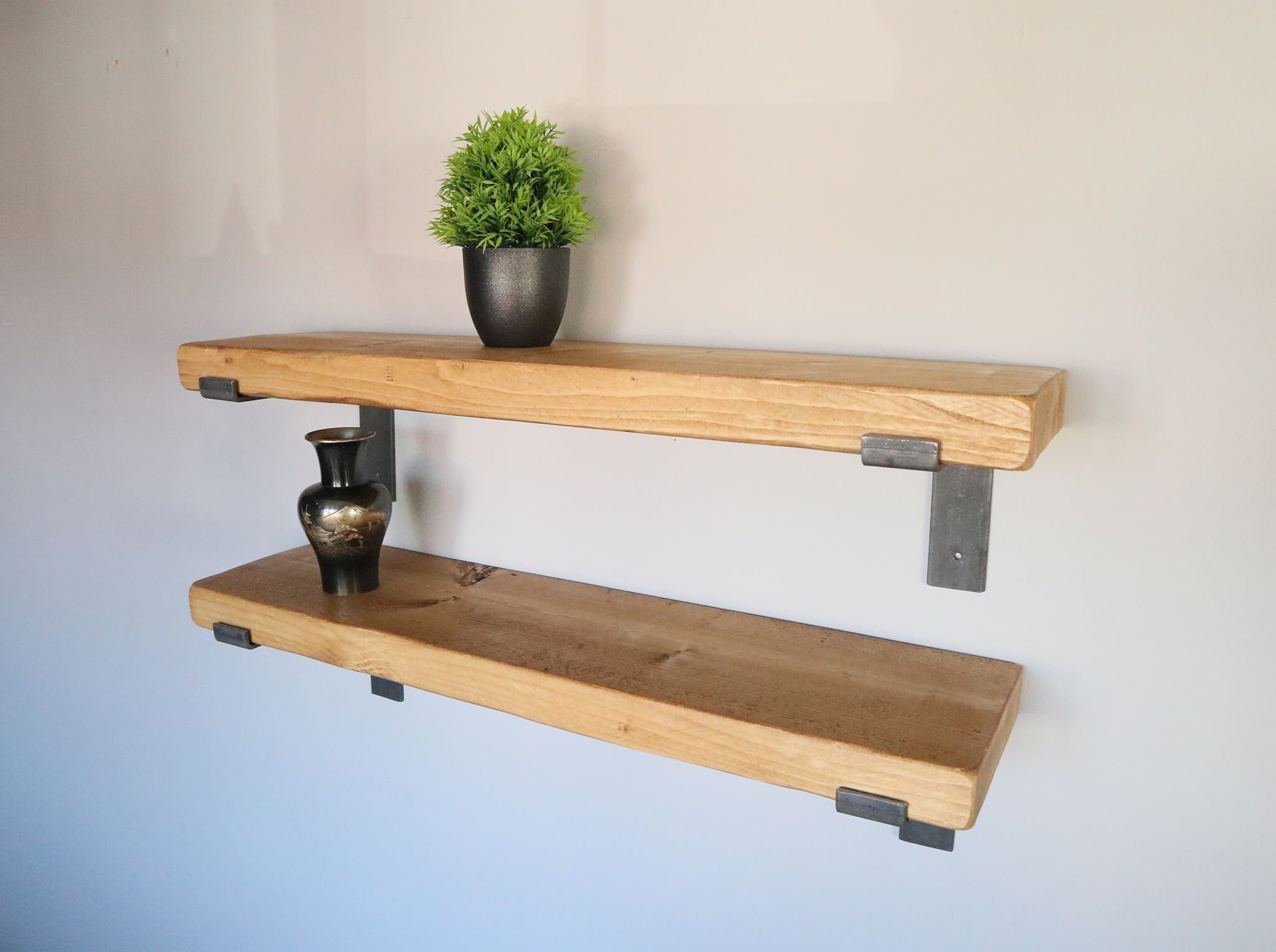 Rustic Straight Edge Shelf Handmade Solid Wood & Industrial Metal ...