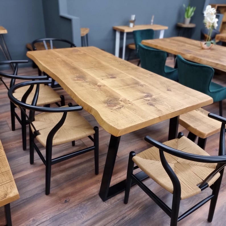 Industrial Dining Table Live Edge TRAPEZIUM FRAME LEGS Industrial Rustic Wood 