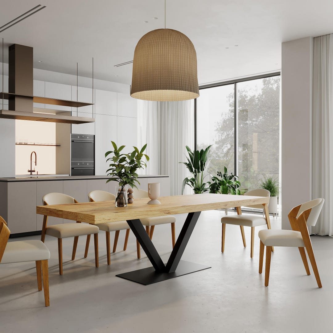 3 INCH V Base Dining Table Rustic Solid Wood Dining Table Industrial ...