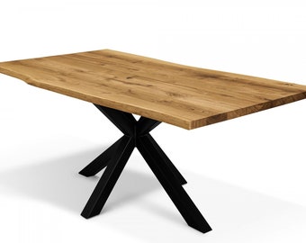 Live Edge Solid Oak Dining Table with Star Frame Legs - Industrial Rustic Handmade Kitchen Table