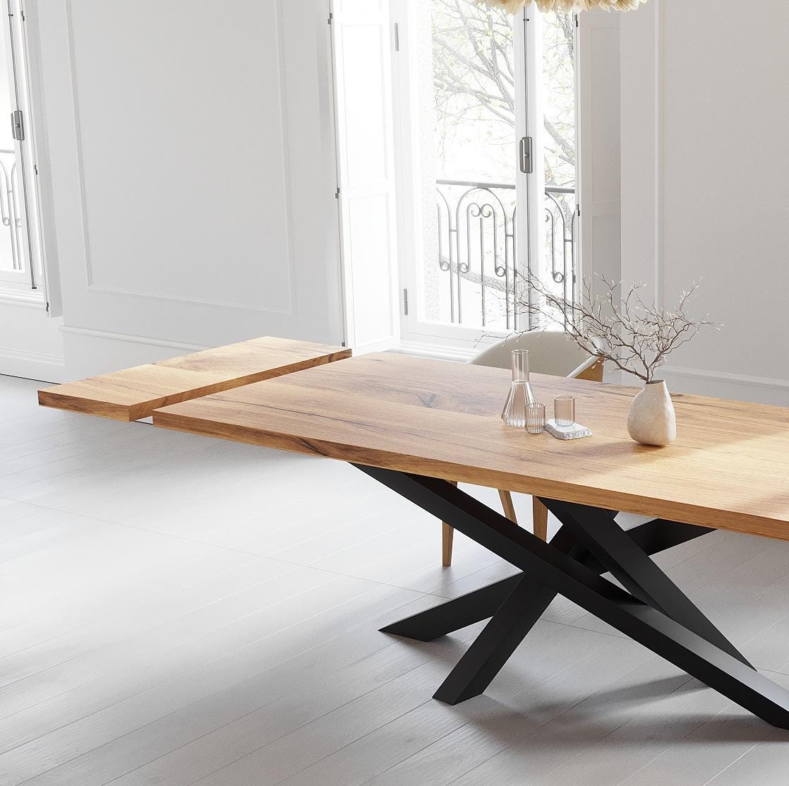 Solid Oak Extendable Dining Table With Crossover Legs - Industrial ...