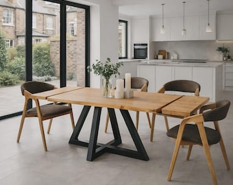 Firsby Triangle Live Edge Extendable 2-Sides Dining Table Kitchen Industrial Rustic Wood, Triangle Steel Base