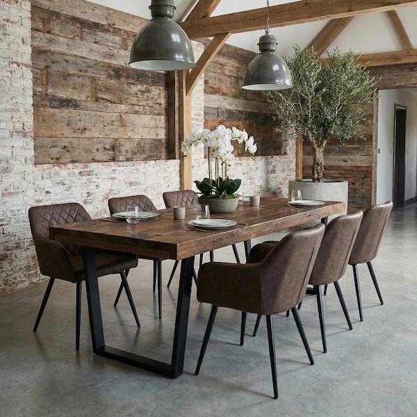 Grantham VF Dining Table Natural Thick Rustic Wood V Frame Industrial Steel Legs Handmade Characteristic of the Countryside.