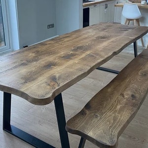 Industrial Dining Table Live Edge Round Corners Dining Table TRAPEZIUM-FRAME LEGS Industrial Rustic Wood