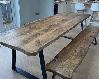 Industrial Dining Table Live Edge Round Corners Dining Table TRAPEZIUM-FRAME LEGS Industrial Rustic Wood