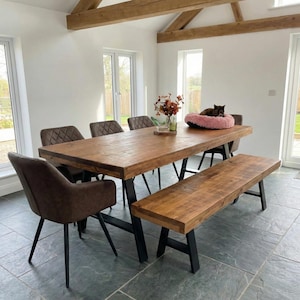 Grantham AF Dining Table Natural Thick Rustic Wood A Frame Industrial Steel Legs Handmade Characteristic of the Countryside.