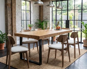 Boston SQ Dining Table Solid Wood - Industrial Square Steel Legs - Modern Rustic Interior Design Cozy Natural and Stylish