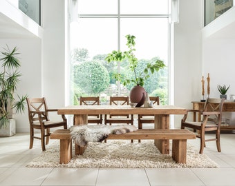SET Mesa de comedor industrial Grantham con patas de madera gruesas - Mesa de 200 cm/Banco de 200 cm/5 sillas