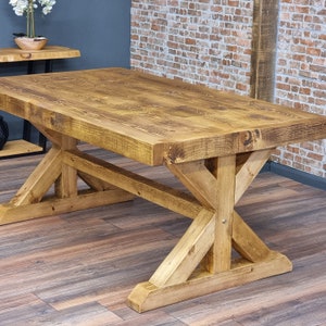 Rustic Farmhouse Dining Table Reclaimed Wood - Handmade Kitchen Table Chunky Wooden Base