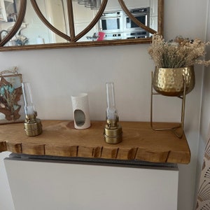 Live Edge Shelf Handmade Solid Wood & Industrial Metal Non-Lipped Brackets | 22.5cm Depth x 4cm Thickness Radiator Table Shelf