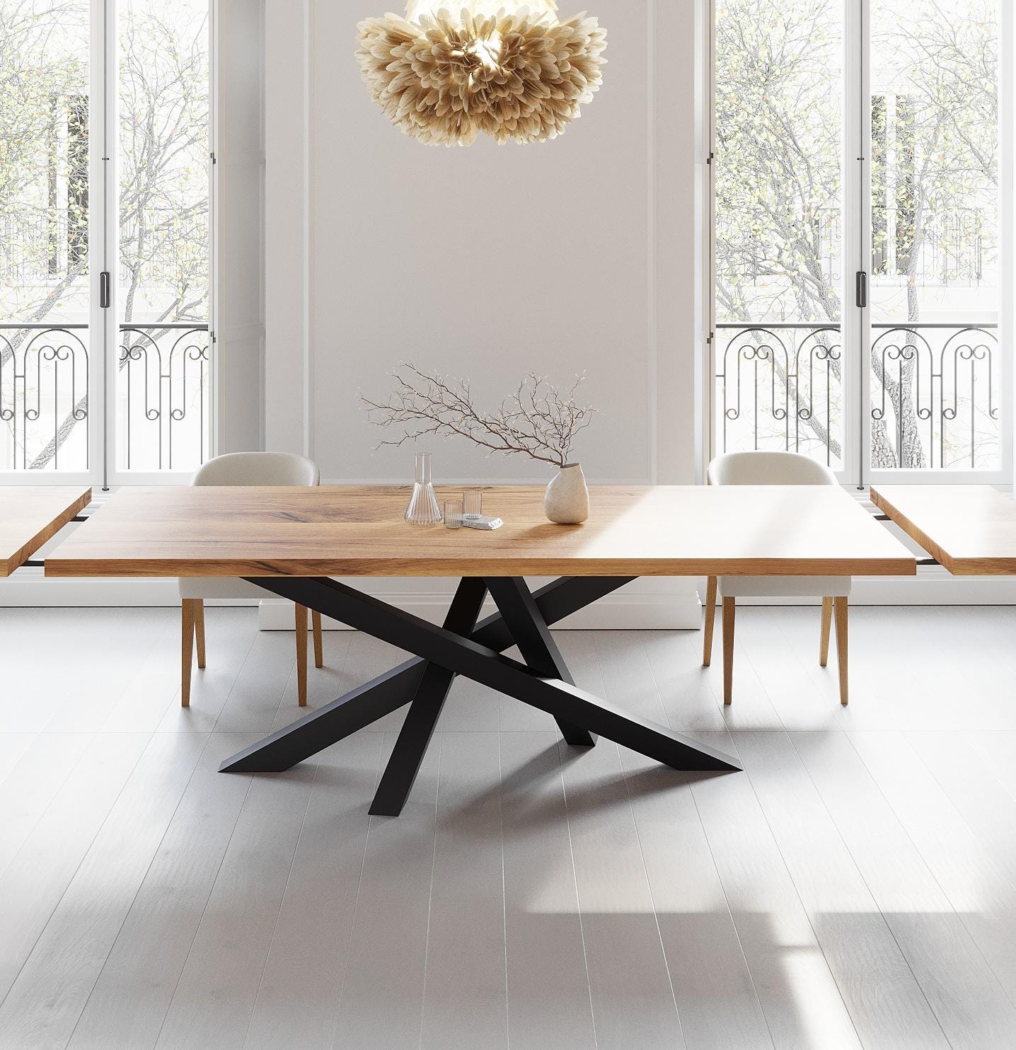 Solid Oak Extendable Dining Table With Crossover Legs - Industrial ...