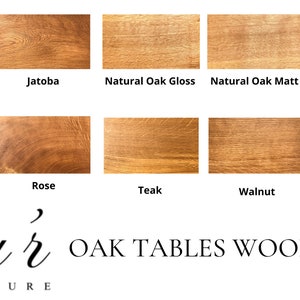 May include: A chart showing ten different wood finishes for oak tables. The finishes include Antique Oak, Jatoba, Natural Oak Gloss, Natural Oak Matt, Pure, Black, Rose, Teak, Walnut, and White Oak. The text "Clar OAK TABLES WOOD FINISH FURNITURE" is at the bottom of the chart.