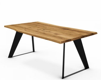 Live Edge Solid Oak Kitchen Dining Table with W-FRAME LEGS - Industrial Rustic Wood Handmade Table