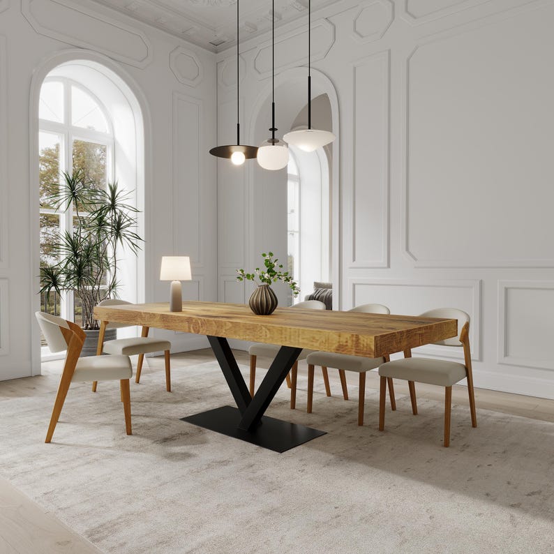 Boston V Base Dining Table Rustic Solid Wood Dining Table Industrial ...