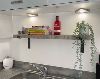 Grey Straight Edge Shelf Handmade Solid Wood & Industrial Metal Lipped Brackets | 22.5cm Depth x 4cm Thickness