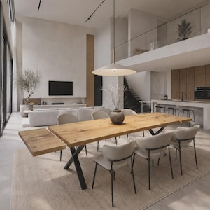 May include: A rectangular wooden dining table with a natural grain finish and a black metal X-shaped base. The table features an extendable leaf on one side and is surrounded by six light-coloured upholstered chairs with thin black metal legs.