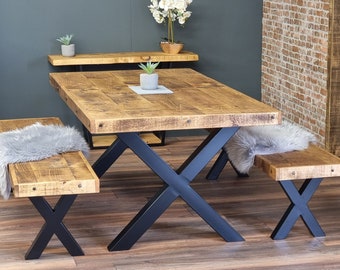 Industrial Dining Table Farmer Steel Table Rustic Farmhouse Dining Table. Rustic Wood - Handmade Kitchen Table Chunky Metal Legs