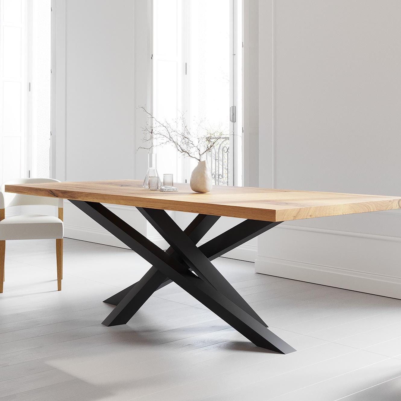 Solid Oak Dining Table With Crossover Steel Legs - DURABLE HARDWOOD 081 ...