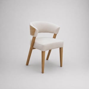 May include: A dining chair featuring a light cream upholstered seat and curved backrest. The frame is constructed from light-toned wood, with the backrest sides accented by matching wooden panels that connect to the four tapered wooden legs.